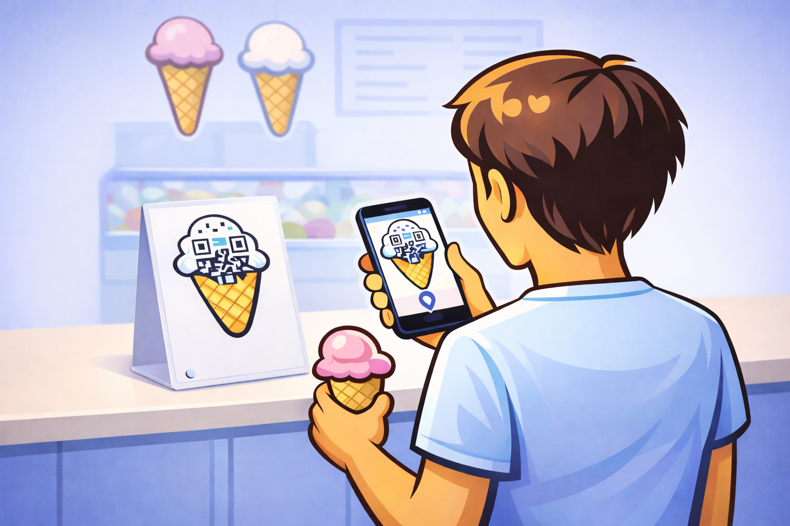 Customer scanning the counter QR in an ice cream shop while holding an ice cream cone